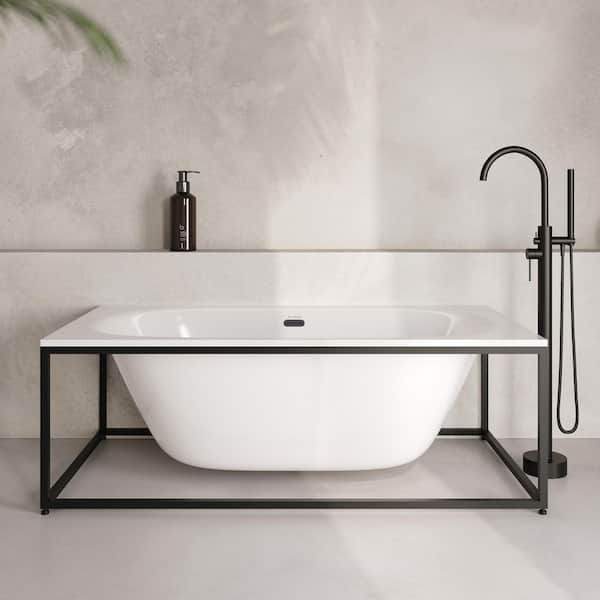 Pierre 30 in. x 60 in. Soaking Glossy White Freestanding Bathtub with Reversible Drain, Black Frame Included
