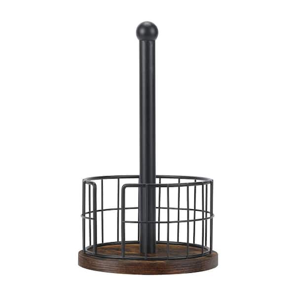 Freestanding Farmhouse Paper Towel Holder with Heavy Duty Wooden Base Black Metal Countertop Stand
