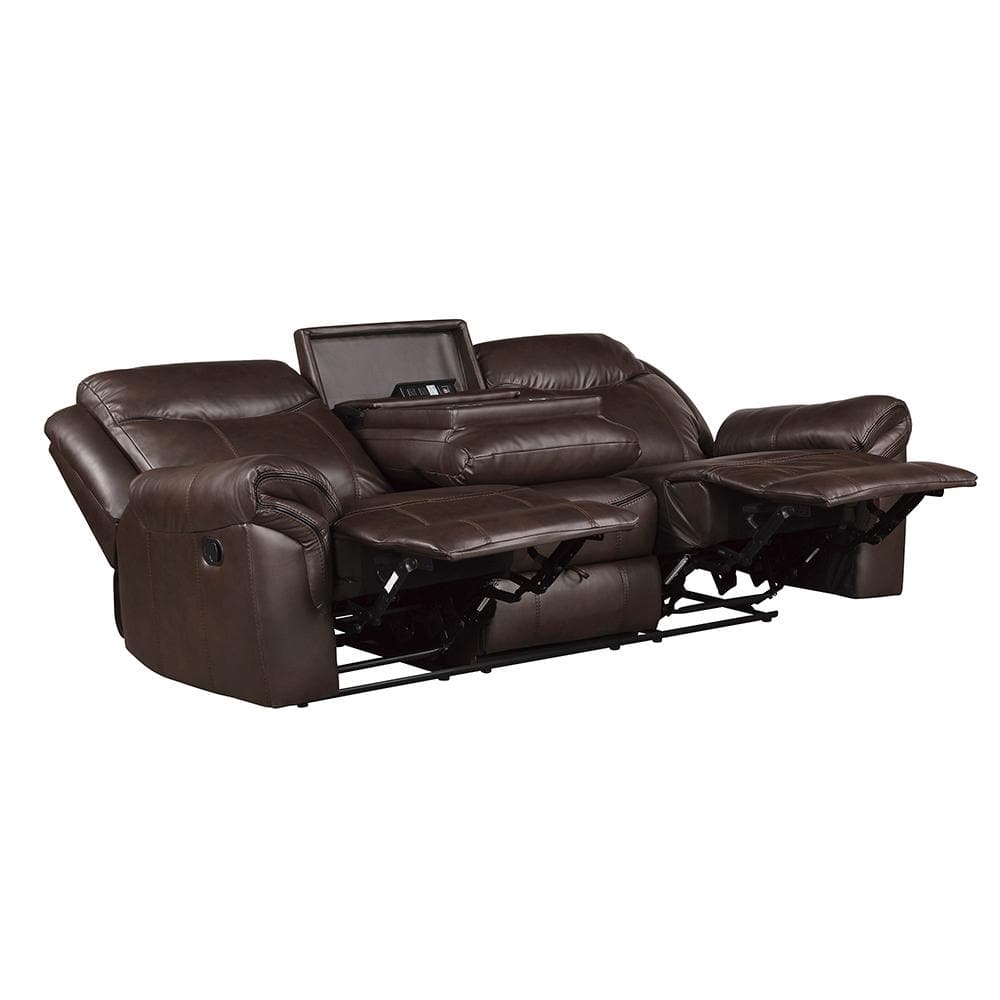 Dark Brown Faux Leather Reclining Sofa with Storage and Cup Holders
