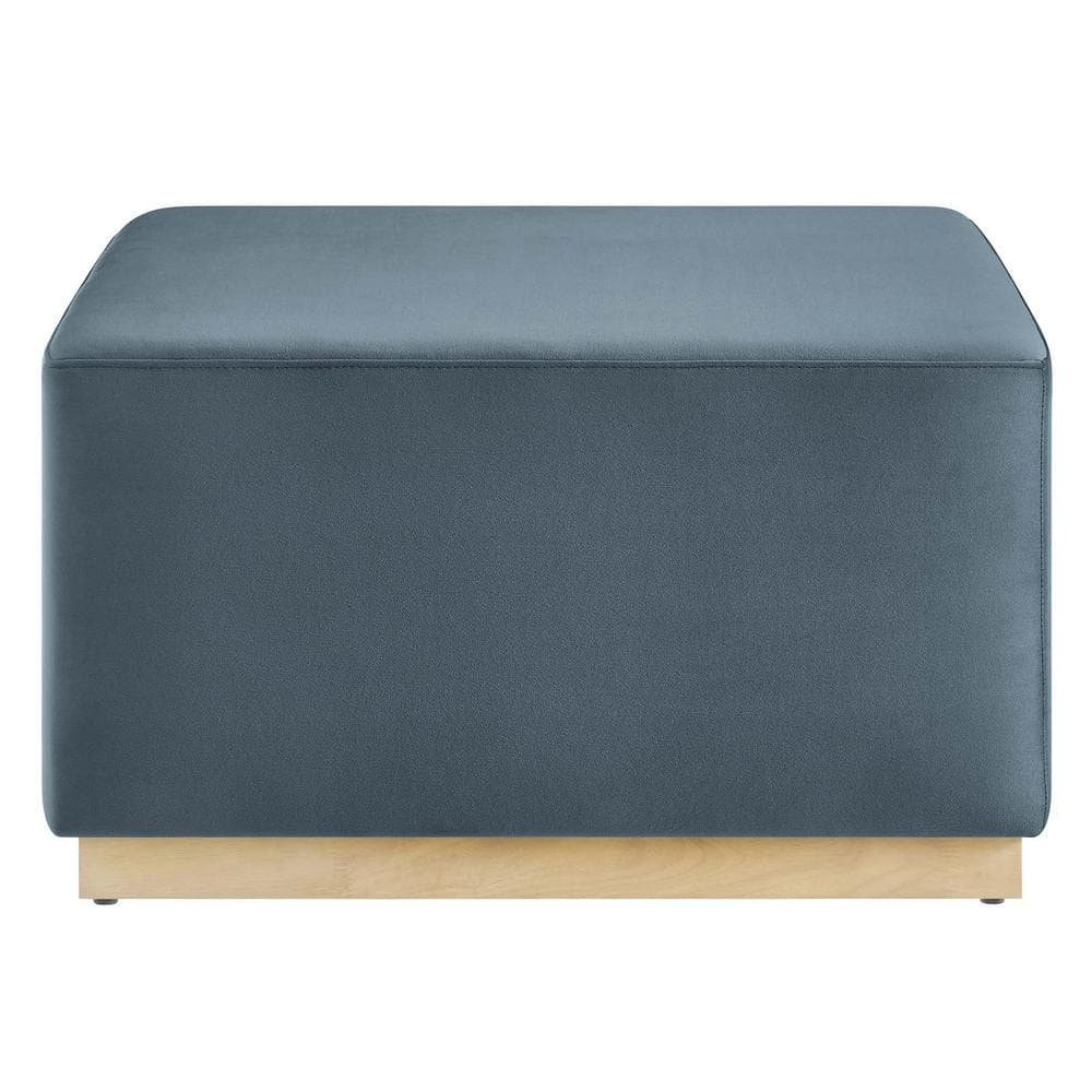 Cadet Blue Velvet Upholstered Square Ottoman with Rubberwood Base