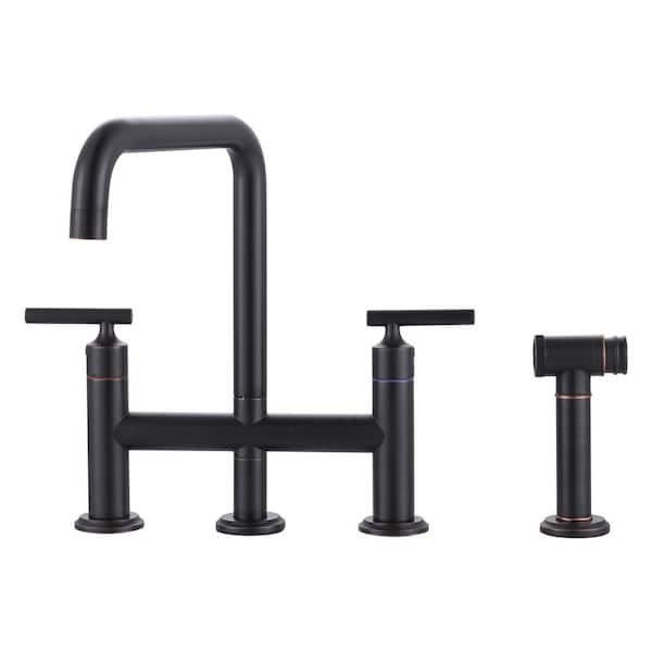 Minimalist Double Handle Bridge Kitchen Faucet with 27.5 in. Side Spray in Oil Rubbed Bronze