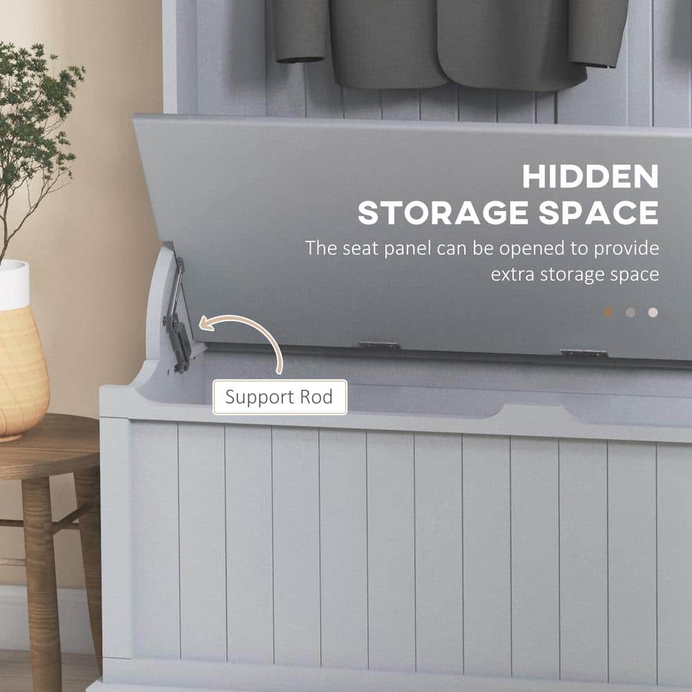 Gray Engineered Wood Hall Tree with Storage Bench and Metal Hooks