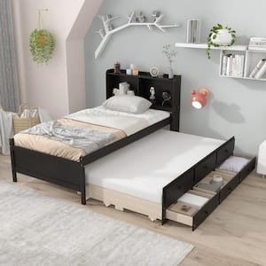 Modern Brown Twin Size Bed with Twin Size Trundle, Wooden Platform Bed with 3-Drawers for Kids, No Box Spring Needed