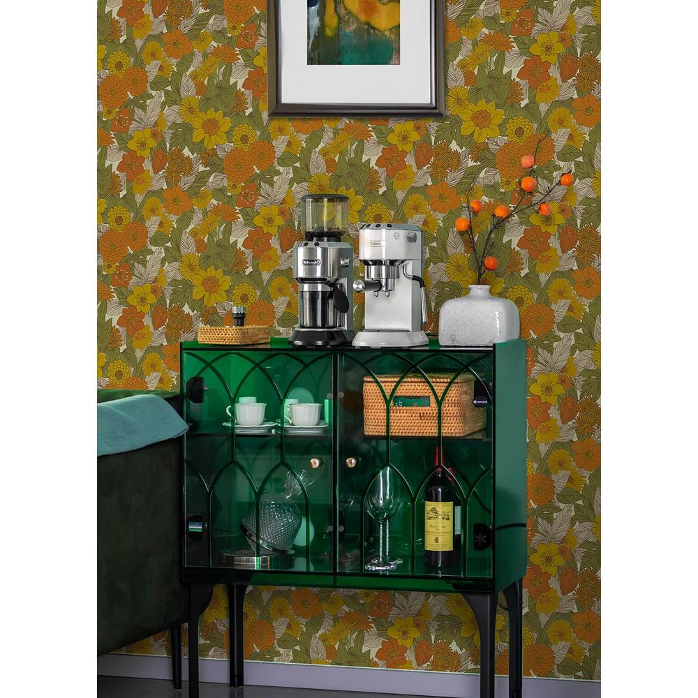 Retro Floral Yellow and Orange Peel and Stick Wallpaper Roll