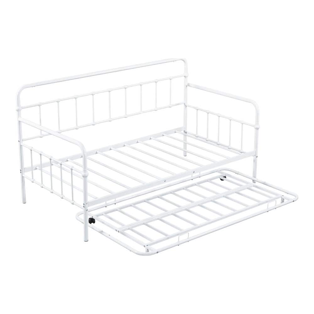 White Metal Twin Daybed with Trundle and Drawer