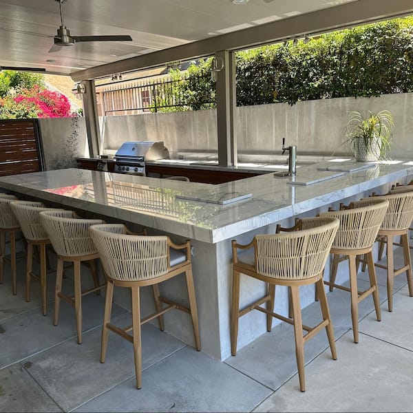 Modern Boho Metal Bar Height Rattan Outdoor Bar Stool Chairs with Ergonomic Armrest and Cushion, Teak(2 Pack)