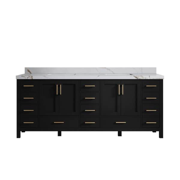 Willow Collections Malibu 84 in. W x 22 in. D x 36 in. H Double Sink Bath Vanity in Black with 2 in. Calcutta Gold Top