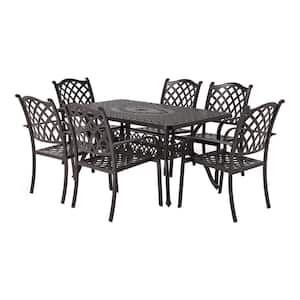 Classic Dark Brown 7-Piece Cast Aluminum Rectangle Outdoor Dining Set with Table and Stacking Dining Chairs