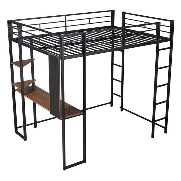 aisword - Black Full Size Metal Loft Bed with 2-Shelves and 1-Desk -