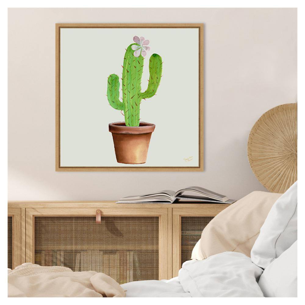 Succulent Symphony I Green Cactus Canvas Wall Art with Maple Frame