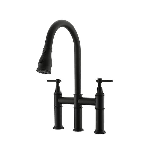 Satico Double Handle Bridge Kitchen Faucet with Pull-Down Spray Head in Matte Black