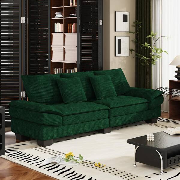 FUFU&GAGA 88.2 in. W Slope Arms Corduroy Fabric Loveseat 2 Seater Green Couch Sofa Upholstered Resilience Sponge W/ Pillows