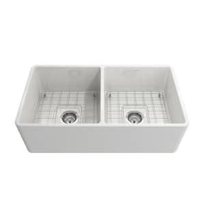 Classico White Fireclay 33 in. Double Bowl Farmhouse Apron Front Kitchen Sink with Faucet