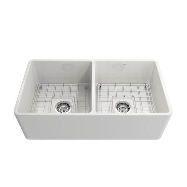 Classico White Fireclay 33 in. Double Bowl Farmhouse Apron Front Kitchen Sink with Faucet