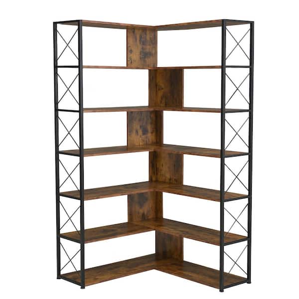 Donason 70.90 in. H Brown Wood 7 Shelf Corner Bookcase with Open Storage