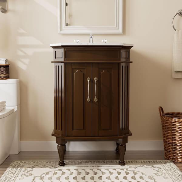24 in. Brown Wood Single Sink Freestanding Bathroom Vanity with White Marble Top (Assembled)