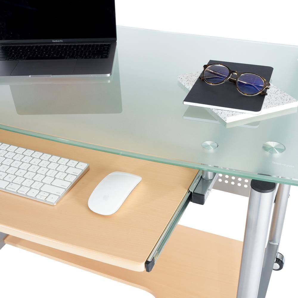 Frosted Glass and Silver Steel Rolling Computer Desk with Keyboard Tray