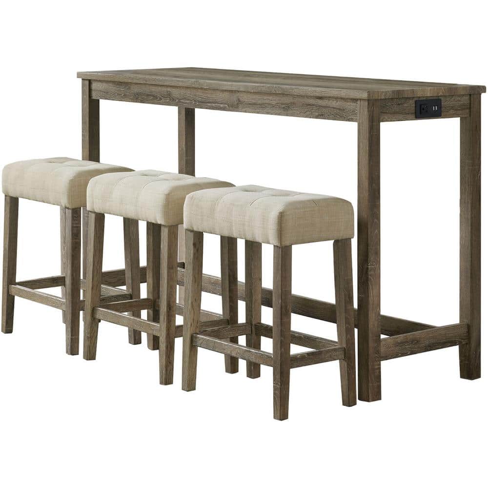 Rustic Cream 4-Piece High-Top Pub Set with Upholstered Stools
