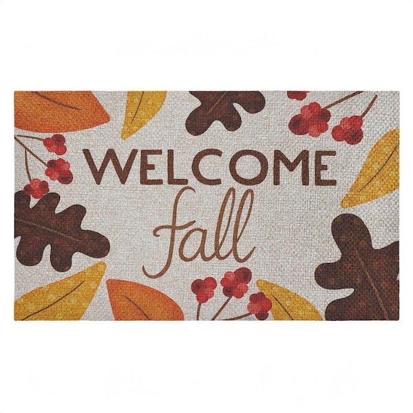 Welcome Fall Leaf Border Brown 18 in. x 30 in. Polyester Non-Slip Outdoor Door Mat