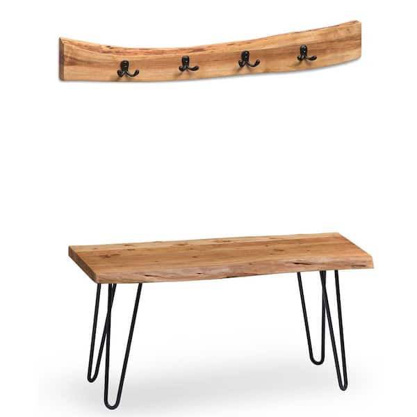 Alaterre Furniture 36 in. Hairpin Natural Live Edge Bench with Coat Hook Set