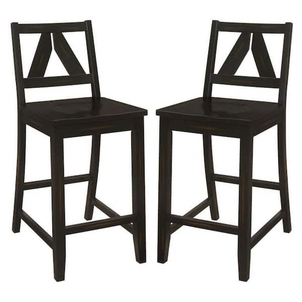 Benjara 16.75 in. Brown Low Back Wood Frame Counter Height Stool Chair with Wooden Seat (Set of 2)