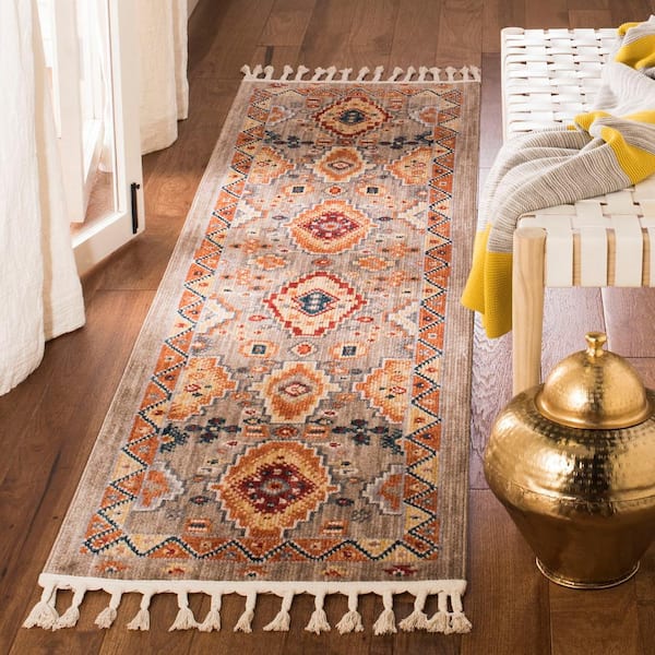 Farmhouse 2 ft. x 10 ft. Taupe/Orange Diamond Border Runner Rug