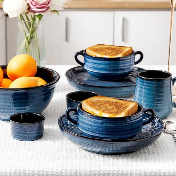 6-Piece Blue Ceramic Soup Bowls with Handles Microwave Dishwasher
