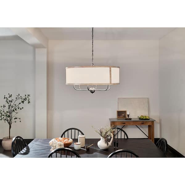 Heddle 30.5 in. 6-Light Anvil Iron and Beech Vintage Shaded Drum Chandelier for Dining Room