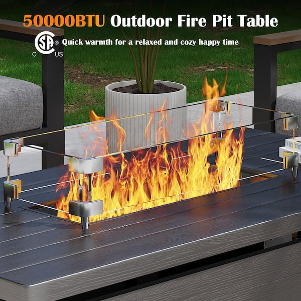 Gray 51 in. 50000 BTU Rectangular Propane Outdoor Fire Pit Table with Glass Wind Guard Lid Fire Glass Beads