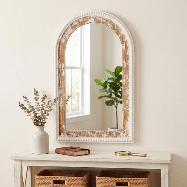 19 in. W x 31 in. H Arched Beaded Framed Floating Wall Bathroom Vanity Mirror in Antique White