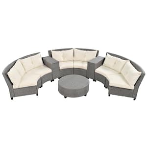 9-Piece Wicker Patio Conversation Set with Beige Cushions and Table