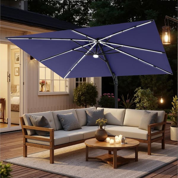 Pellebant 9 ft. x 11 ft. Solar-Lighted Patio Umbrella Dual Top Heavy Duty 360 Rotation Cantilever Offset Umbrella in Navy Blue