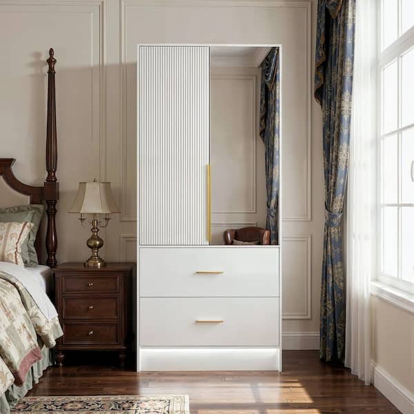 FUFU&GAGA White Wood 30 in. W Armoire, Wardrobe with Drawers, Hanging Bar, Mirrored Door for Bedroom, Small Space Room FUFU&GAGA White Wood 30 in. W Armoire, Wardrobe with Drawers, Hanging Bar, Mirrored Door for Bedroom, Small Space Room
