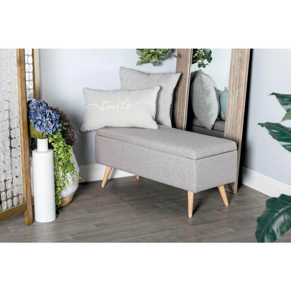 Modern Gray Polyester 42'' Storage Bench with Wooden Legs
