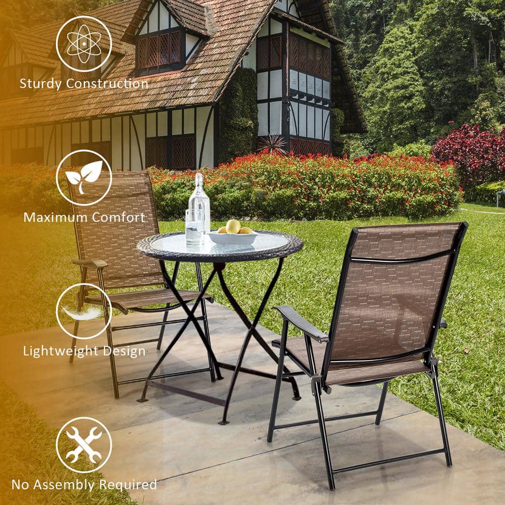 Brown Steel Frame Foldable Patio Dining Chairs with Mesh Seats, Set of 2