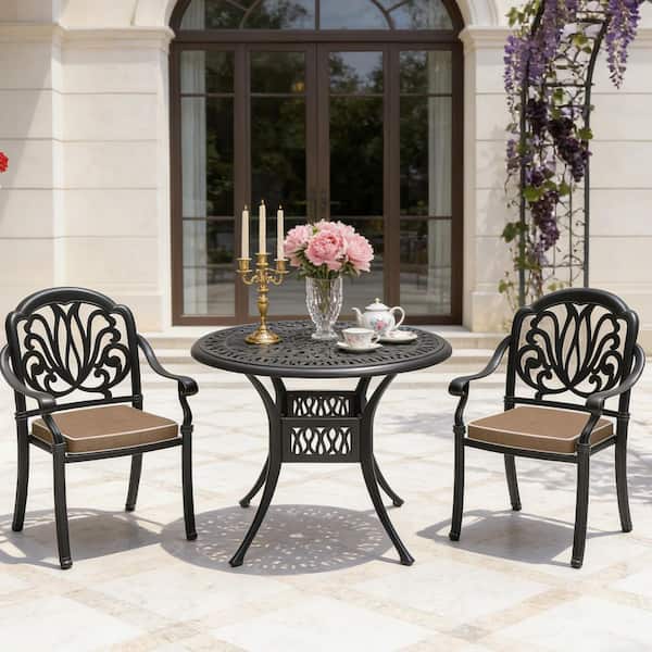 3-Piece Black Cast Aluminum Patio Outdoor Dining Set with Round Table and 2-Chairs with Brown Cushions