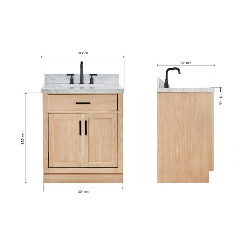 Hepburn 31" Oak Single Sink Vanity with Carrara Marble Top