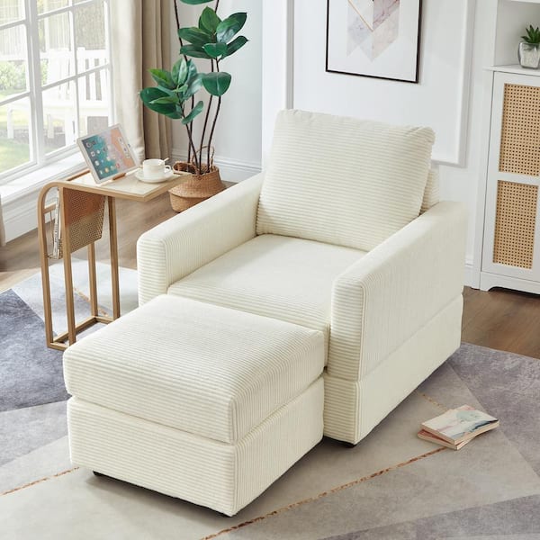 JUJABU Beige Polyester Classic Corduroy Chaise Lounge with Ottoman for Living Room