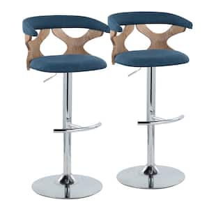 Gardenia 32.5 in. Blue Fabric, White Washed Wood and Chrome Metal Adjustable Bar Stool (Set of 2)
