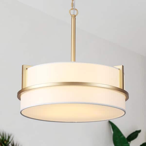 15.74 in. 3-Light Spray Gold Modern Circle Chandelier with White Fabric Drum Shape for Kitchen Island Restaurant Bar