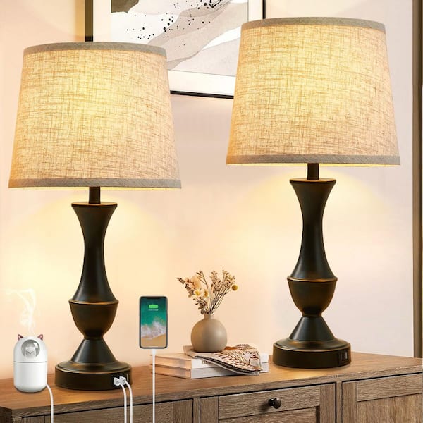 22 in. Black Bedside Touch Table Lamps with USB C plus A Ports, 3 Way Dimmable for Bedroom, Living Room.