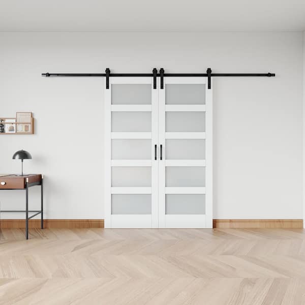 60 in. x 84 in. 5-Lite Tempered Frosted Glass Whiterimed MDF Wood Sliding Barn Door with Hardware Kit