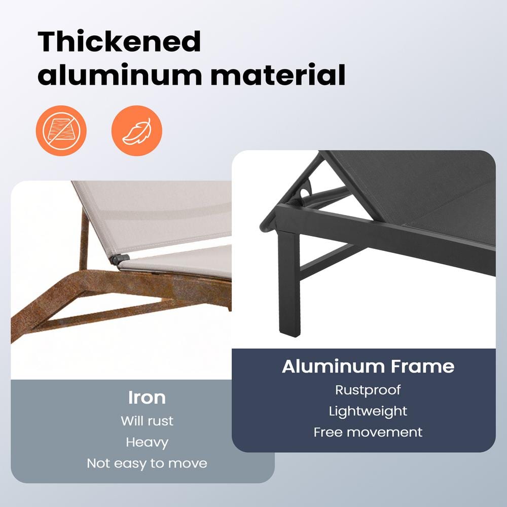 Black Adjustable Aluminum Outdoor Chaise Lounge Set with Wheels