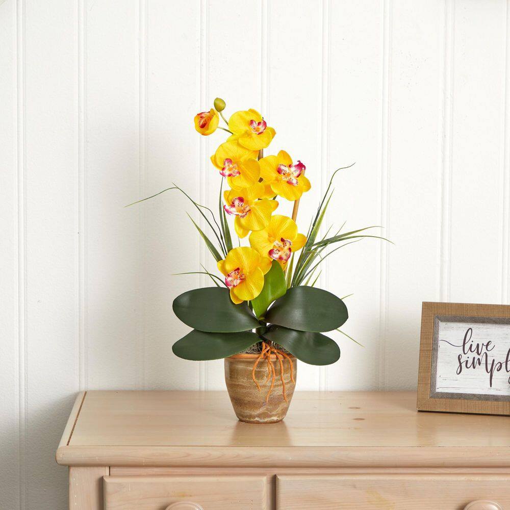 Yellow Phalaenopsis Silk Orchid in Ceramic Pot, 21" Tall