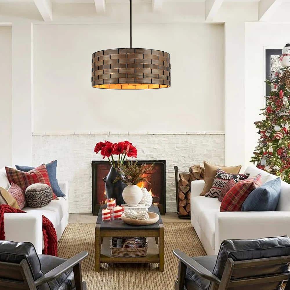 Walnut Wood Veneer Drum Pendant Chandelier with Black Metal Frame