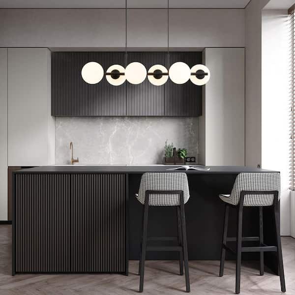 Raquel 6-Light 35.4 in. W Matte Black Chandelier with Opal Glass Linear Modern Chandelier for Kitchen Island