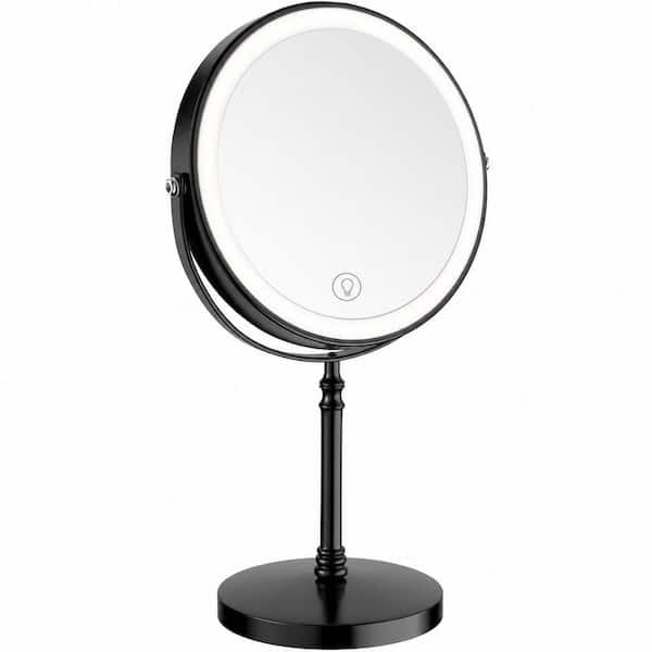 8 in. W x 15 in. H Round Double-Sided Bathroom Makeup Mirror, Adjustable Brightness, Magnification and Rotation, Black