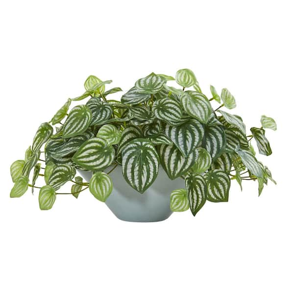 Nearly Natural Indoor 19 Watermelon Peperomia Artificial Plant in Green Vase