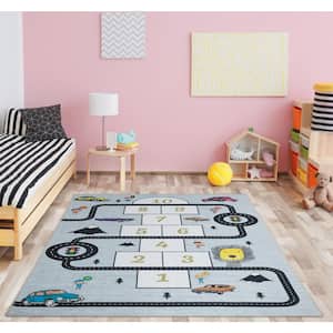 Non Shedding Washable Wrinkle-free Cotton Flatweave Hopscotch 5x7 Kid's Room Play Mat, 5 ft. 3 in. x 7 ft., Gray