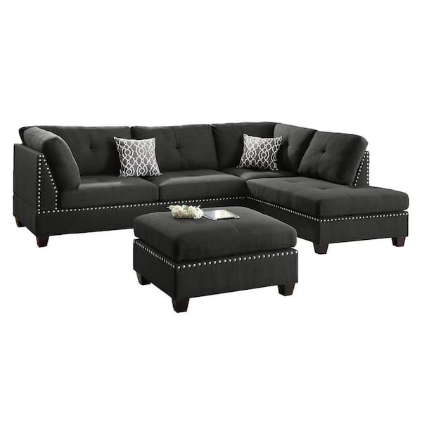 SIMPLE RELAX 104 in. Bobkona 3-Piece Polyester 6-Seater L-Shaped Sectional Sofa with Ottoman in Black